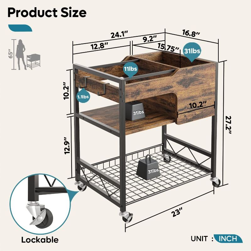 Photo 2 of Bestier Rolling File Cart with Wheels Hanging Files, Legal & Letter Size Mobile Office File Organizer Cart with Open Storage Shelves and 2 Hooks (Rustic Brown, 16" D x 24" W x 27" H)