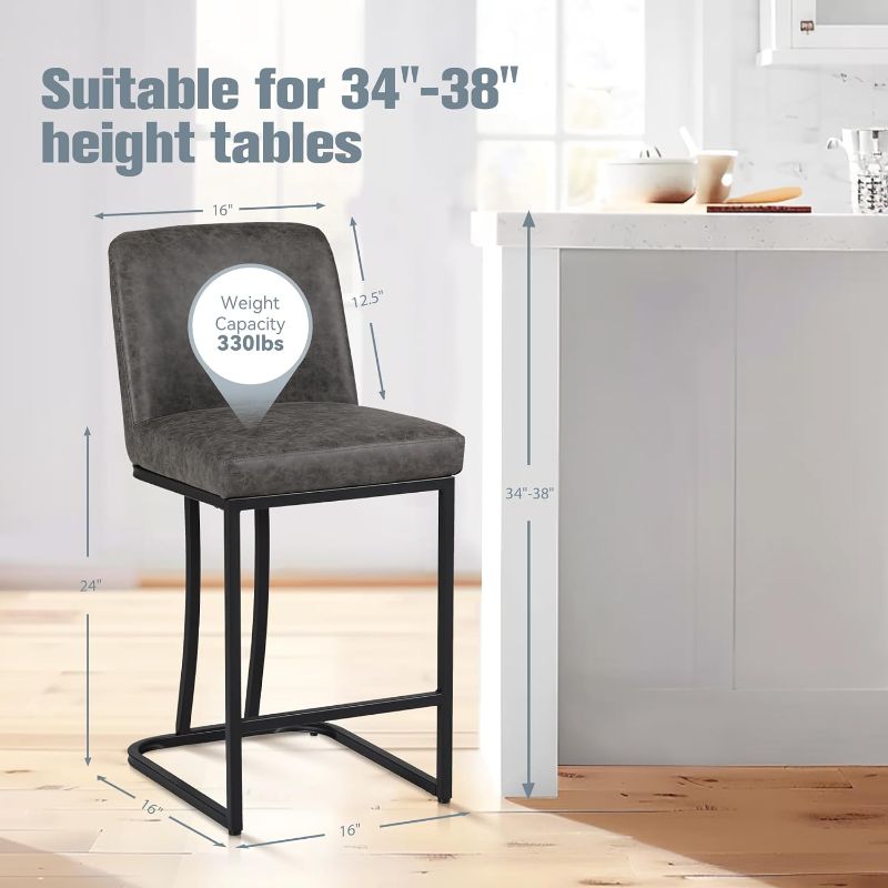 Photo 2 of Grey Counter Height Bar Stools Set of 2 for Kitchen Counter 24 Inch Faux Leather Upholstered Barstools with Back Modern Farmhouse Bar Chairs Island Stools Support 330LBS, Grey+Black