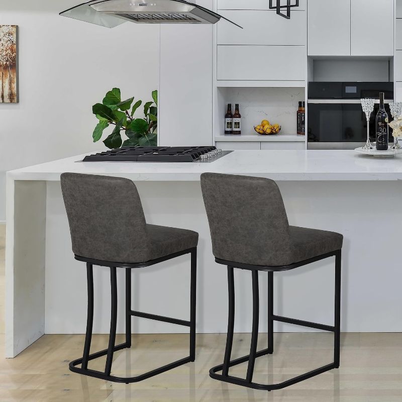 Photo 1 of Grey Counter Height Bar Stools Set of 2 for Kitchen Counter 24 Inch Faux Leather Upholstered Barstools with Back Modern Farmhouse Bar Chairs Island Stools Support 330LBS, Grey+Black