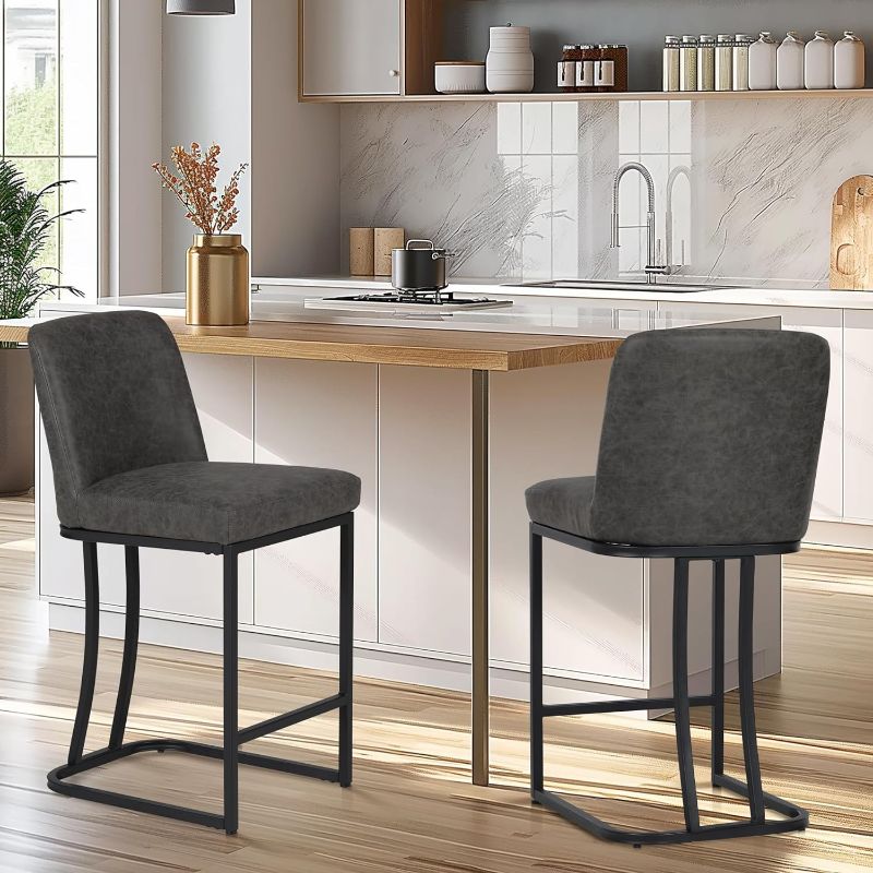 Photo 3 of Grey Counter Height Bar Stools Set of 2 for Kitchen Counter 24 Inch Faux Leather Upholstered Barstools with Back Modern Farmhouse Bar Chairs Island Stools Support 330LBS, Grey+Black