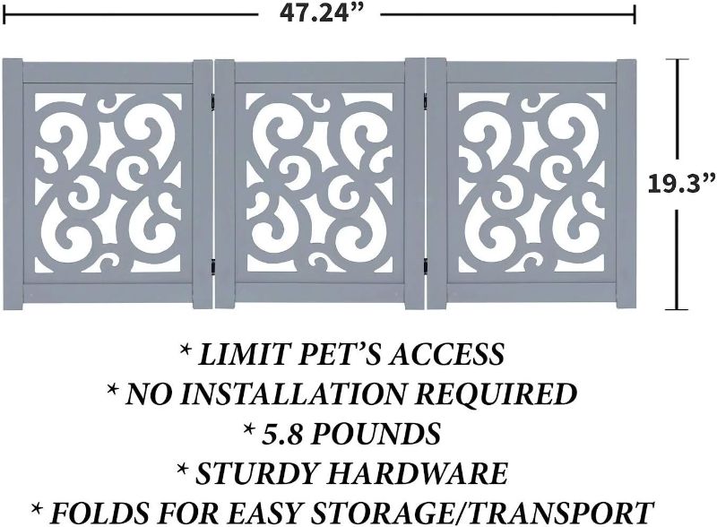 Photo 4 of HOME DISTRICT Dog Gate Freestanding Pet Gate 4-Panel & 3 Panel Pet Gate for Dogs Folding Dog Gate Quadfold & Trifold Pet Gate for Small Dogs Decorative Pet Gate for Dogs Indoor, Grey Scroll 47.24" x 19.3 x .6"