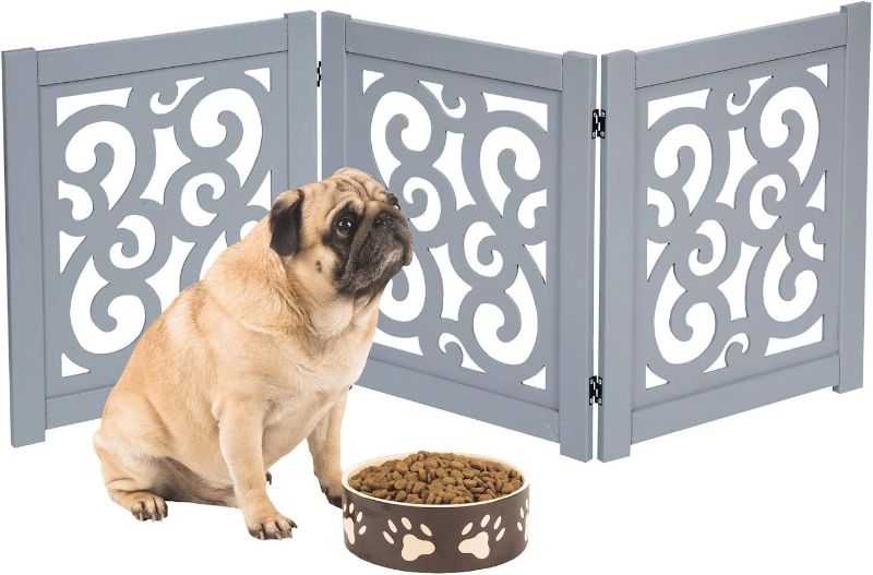 Photo 2 of HOME DISTRICT Dog Gate Freestanding Pet Gate 4-Panel & 3 Panel Pet Gate for Dogs Folding Dog Gate Quadfold & Trifold Pet Gate for Small Dogs Decorative Pet Gate for Dogs Indoor, Grey Scroll 47.24" x 19.3 x .6"