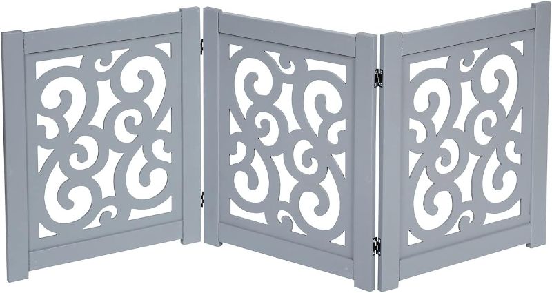 Photo 1 of HOME DISTRICT Dog Gate Freestanding Pet Gate 4-Panel & 3 Panel Pet Gate for Dogs Folding Dog Gate Quadfold & Trifold Pet Gate for Small Dogs Decorative Pet Gate for Dogs Indoor, Grey Scroll 47.24" x 19.3 x .6"