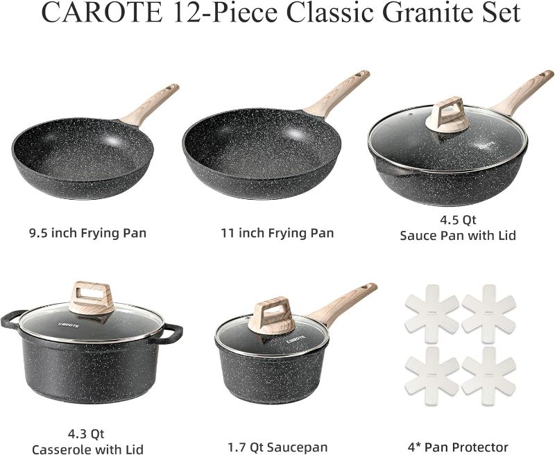 Photo 1 of CAROTE Pots and Pans Set Non Stick, Cookware Sets 12Pcs Induction Cookware Granite Cooking Set with Frying Pans, Saucepans, Saute Pan, Extra Large Casserole