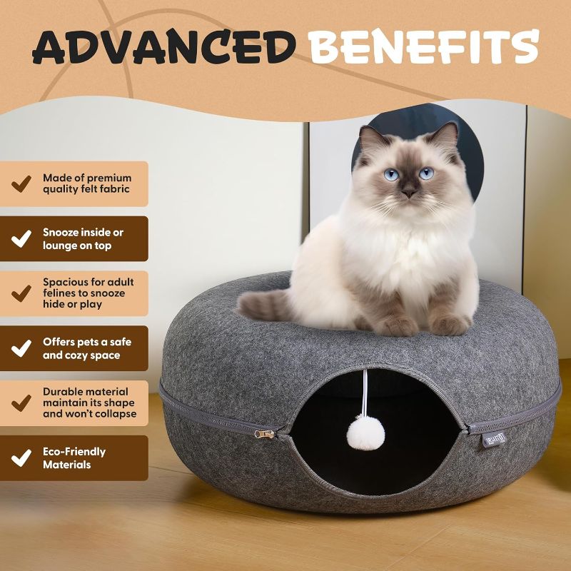 Photo 1 of Cat Donut with Hanging Ball - Cat Tunnel Bed - Scratch Resistant - Washable Cat Cave - for Cats Up to 30 lbs, Dark Grey Large Size 24"x24"x11"cm