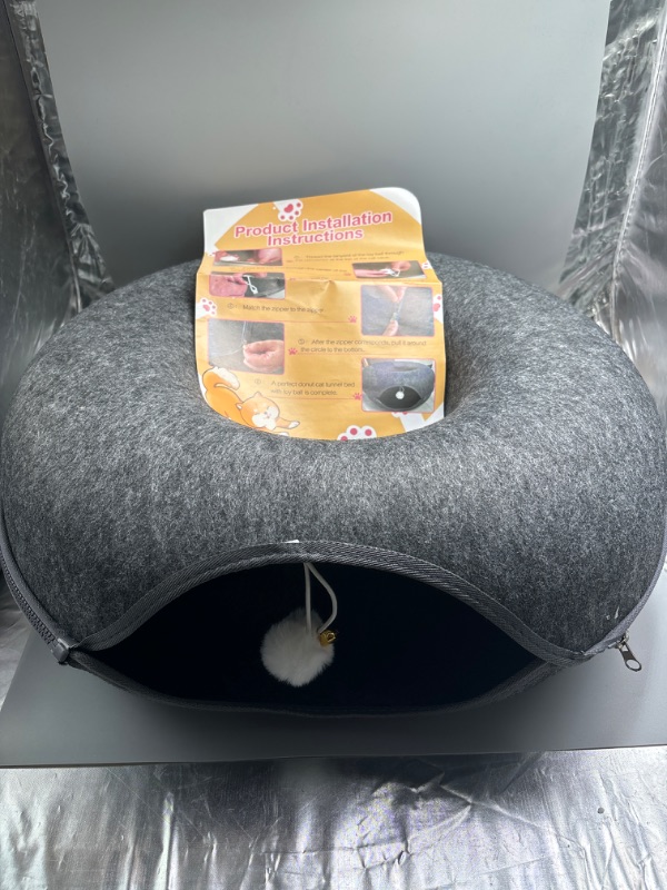 Photo 6 of Cat Donut with Hanging Ball - Cat Tunnel Bed - Scratch Resistant - Washable Cat Cave - for Cats Up to 30 lbs, Dark Grey Large Size 24"x24"x11"cm