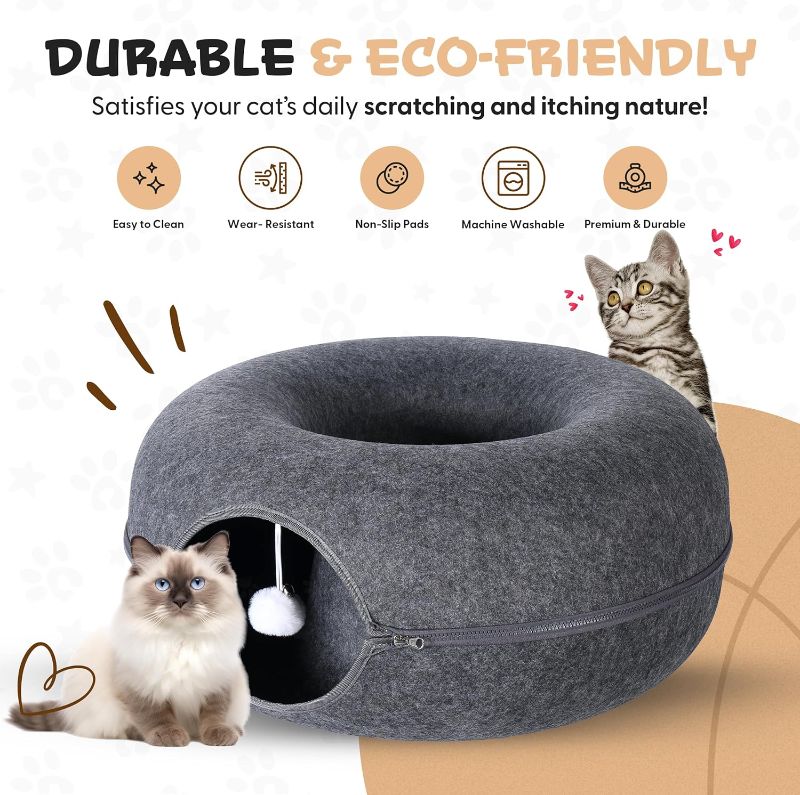 Photo 2 of Cat Donut with Hanging Ball - Cat Tunnel Bed - Scratch Resistant - Washable Cat Cave - for Cats Up to 30 lbs, Dark Grey Large Size 24"x24"x11"cm