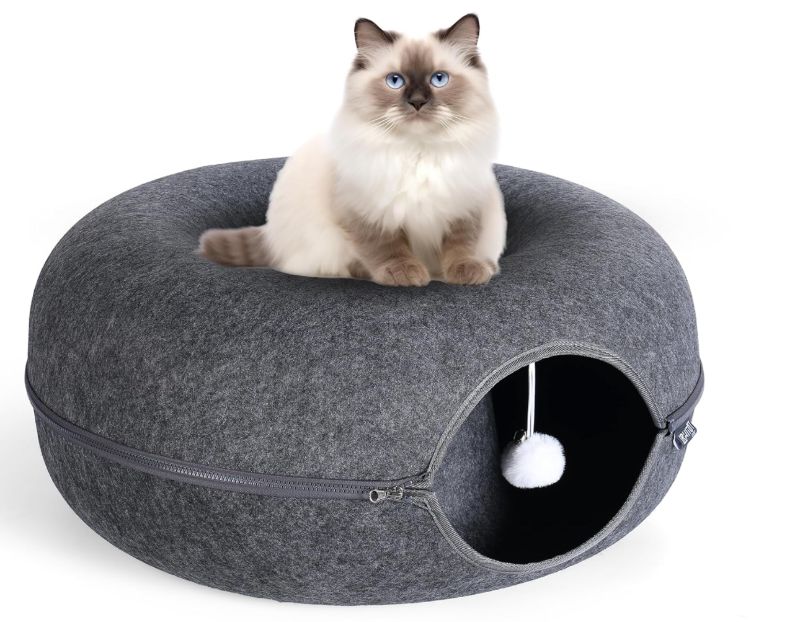 Photo 5 of Cat Donut with Hanging Ball - Cat Tunnel Bed - Scratch Resistant - Washable Cat Cave - for Cats Up to 30 lbs, Dark Grey Large Size 24"x24"x11"cm