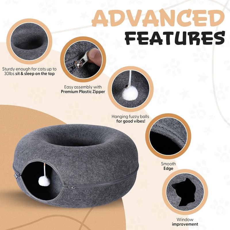 Photo 3 of Cat Donut with Hanging Ball - Cat Tunnel Bed - Scratch Resistant - Washable Cat Cave - for Cats Up to 30 lbs, Dark Grey Large Size 24"x24"x11"cm