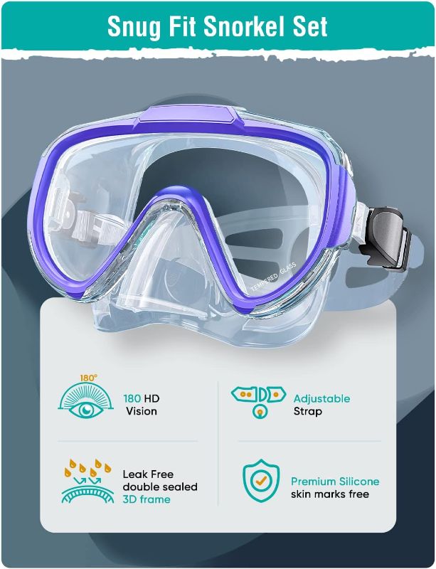 Photo 2 of OS Snorkel Set Adults Snorkeling Gear Anti-Fog Panoramic View Swim Mask Dry Top Snorkel Kit with Carry Bag for Snorkeling Scuba Diving Swimming Travel