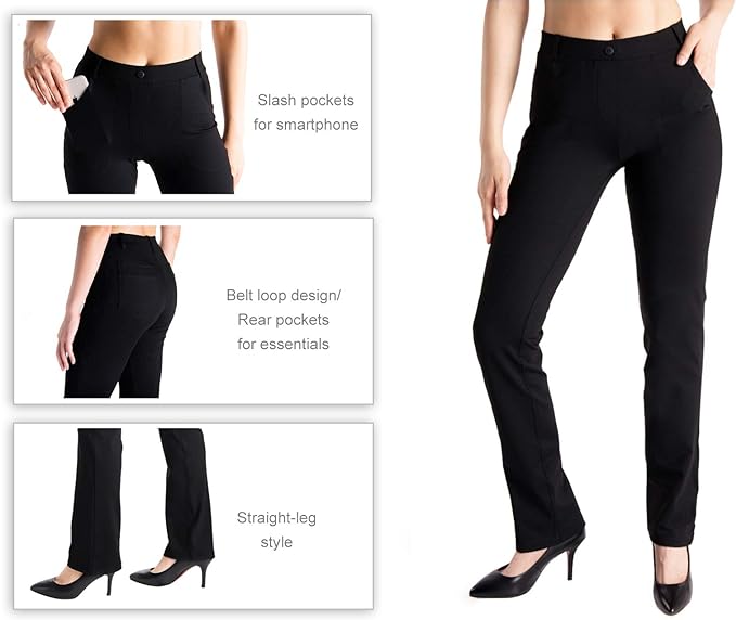 Photo 3 of Large Yogipace,Belt Loops,Women's Petite/Regular/Tall Straight Leg Yoga Dress Pants black.