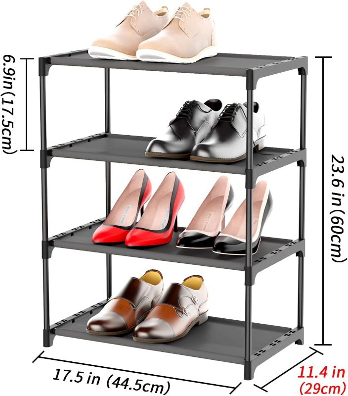 Photo 2 of 4-Tier Small Shoe Rack .Stackable Shoe Shelf Storage Organizer for Entryway Hallway Closet Bathroom Living Room (Black)