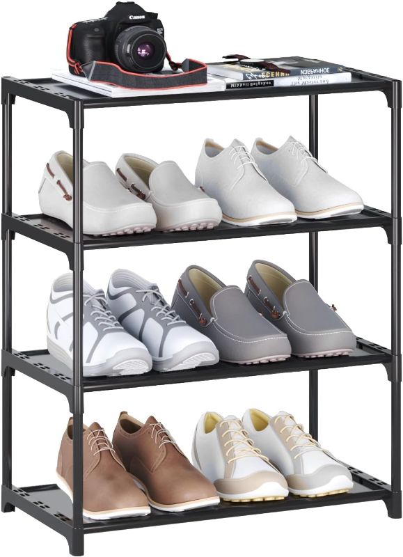 Photo 1 of 4-Tier Small Shoe Rack .Stackable Shoe Shelf Storage Organizer for Entryway Hallway Closet Bathroom Living Room (Black)