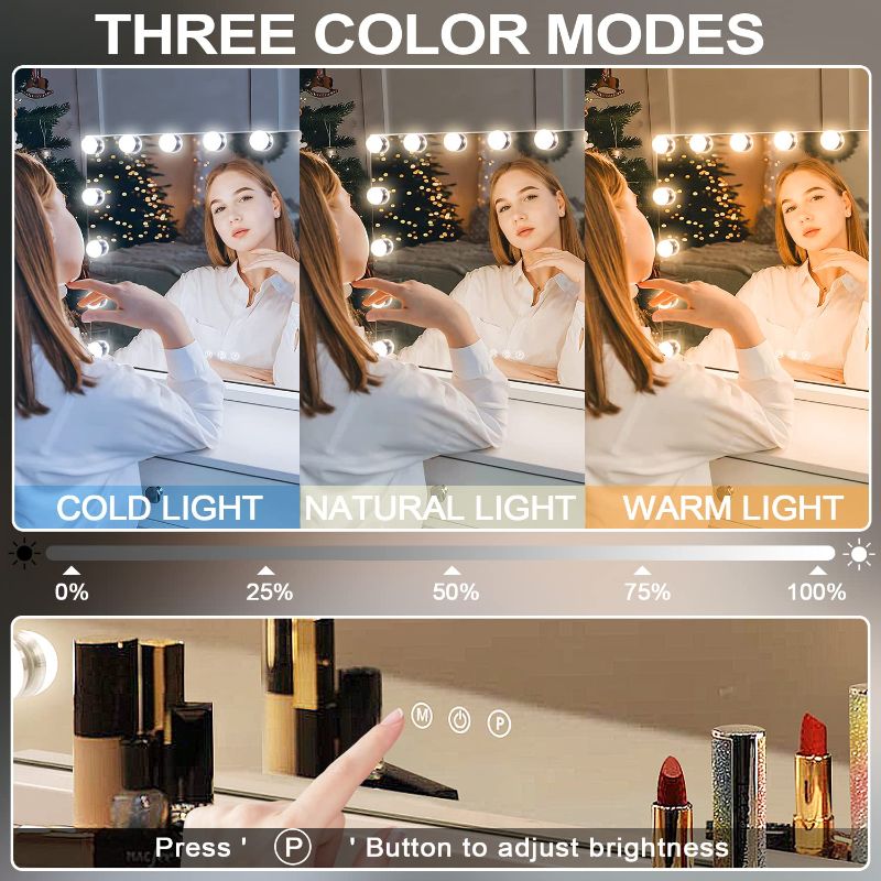 Photo 2 of ** FINAL SALE ** Kottova Vanity Makeup Mirror with Lights,3 Colors Modes,Detachable 10X Spot Mirror,Tabletop or Wall-Mounted 23" x 18.1" Large Hollywood Lighted Mirror with 15 LED Bulbs, Touch Control for Bedroom ** SOLD AS IS **