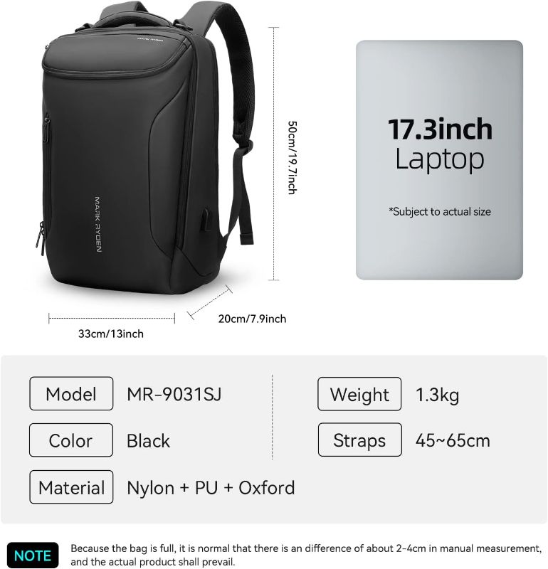 Photo 5 of MARK RYDEN Business Backpack for Men, Waterproof High Tech Backpack with Sport Car Shape Design and USB Charging Port, Travel Laptop Backpack Fits 17.3 Inch Notebook