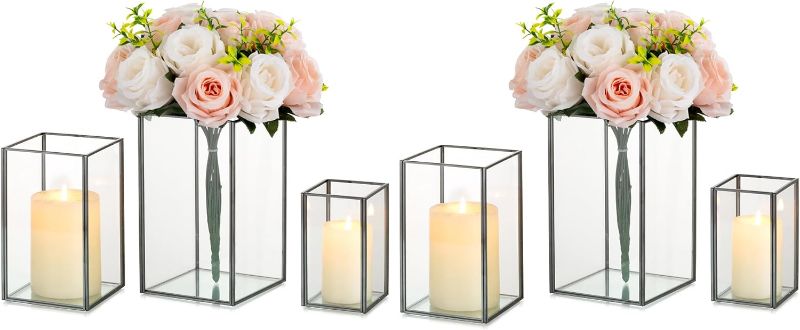 Photo 1 of Glasseam Glass Pillar Candle Holder, Clear Hurricane Candle Holder Set of 5, Modern Black Metal Candle Holder, Square Candle Holders for Table Wedding Centerpiece Party Dining Room Home Decor