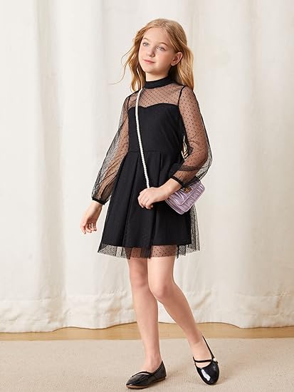 Photo 3 of Girls Medium 11-12YR SOLY HUX Girl's Contrast Mesh Long Sleeve Mock Neck High Waist Flared A Line Dress