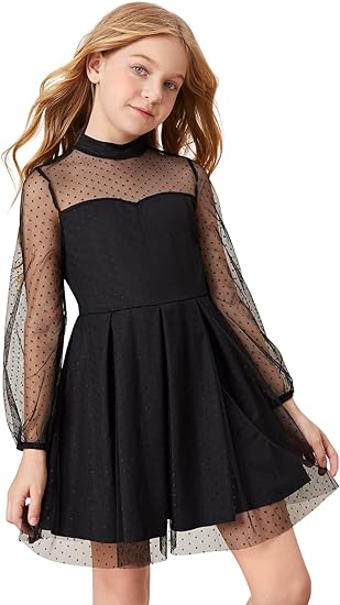 Photo 1 of Girls Medium 11-12YR SOLY HUX Girl's Contrast Mesh Long Sleeve Mock Neck High Waist Flared A Line Dress