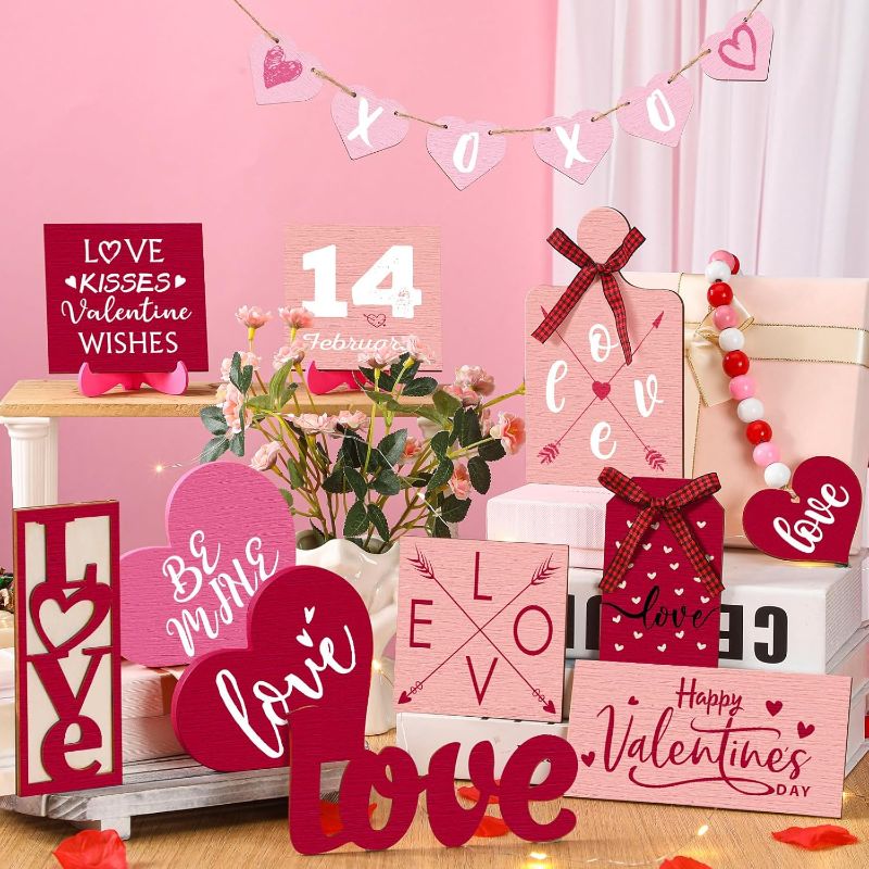 Photo 2 of 17 Pcs Valentine's Day Tiered Tray Decor Set with LED String Lights Valentines Decorations Happy Valentine's Day Love Kisses Wooden Table Signs for Valentine Party Decor