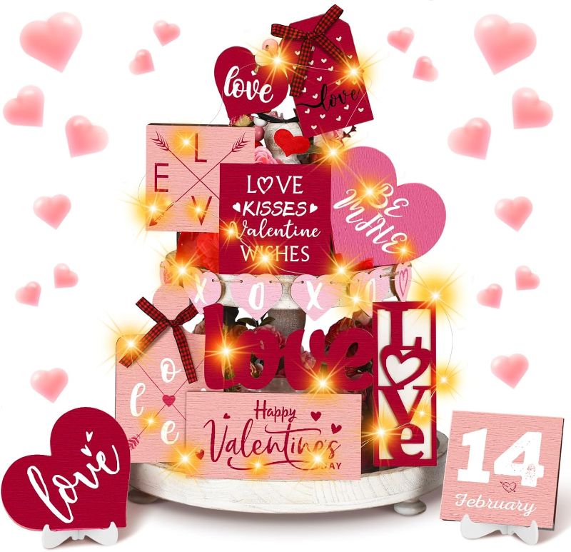 Photo 1 of 17 Pcs Valentine's Day Tiered Tray Decor Set with LED String Lights Valentines Decorations Happy Valentine's Day Love Kisses Wooden Table Signs for Valentine Party Decor