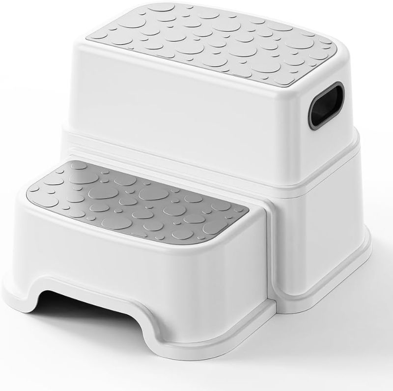 Photo 1 of UNCLE WU 2 Step Stool for Kids -Toddler Step Stool Hepler for Bathroom Sink-Dual Height 9.5" Non-Slip for Potty Training, Kitchen, Bedroom & Classroom (Gray White)