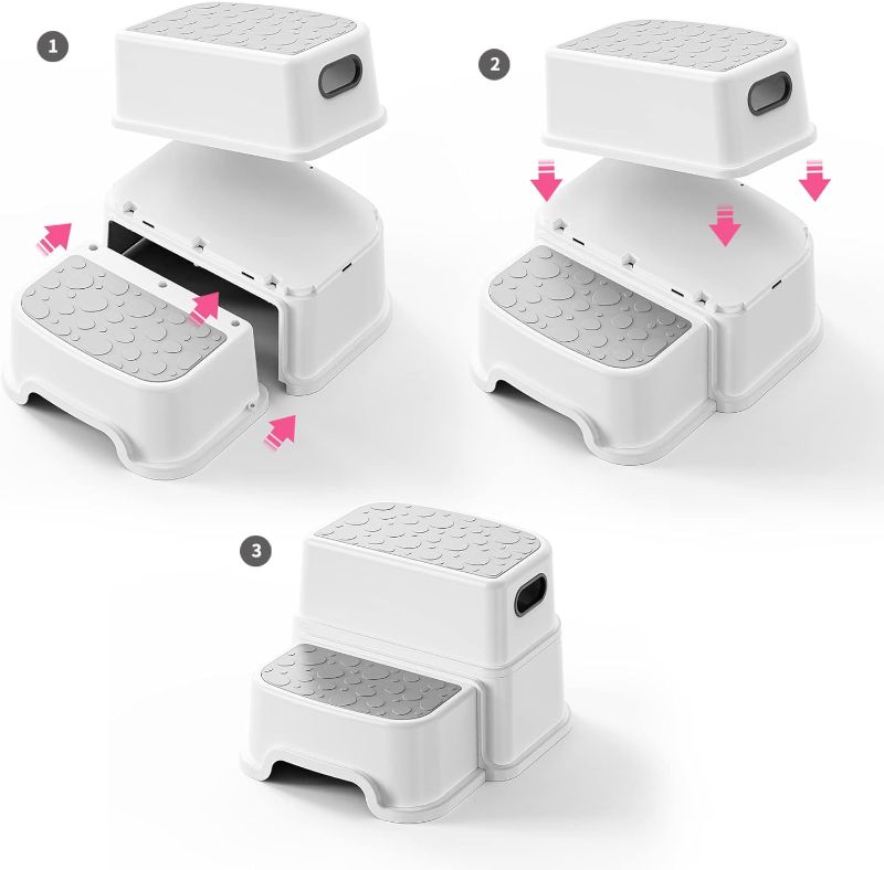 Photo 1 of UNCLE WU 2 Step Stool for Kids -Toddler Step Stool Hepler for Bathroom Sink-Dual Height 9.5" Non-Slip for Potty Training, Kitchen, Bedroom & Classroom (Gray White)
