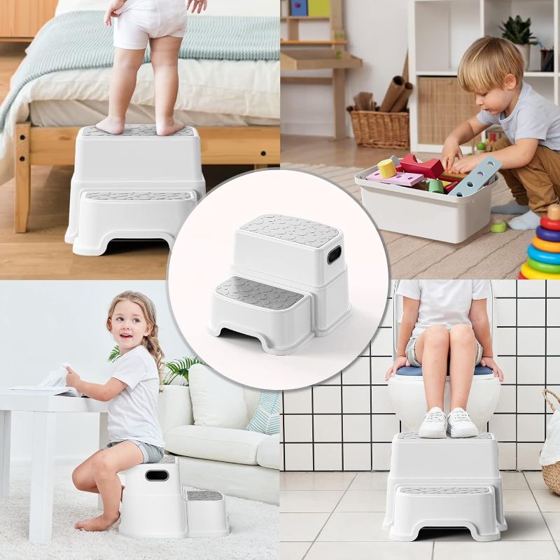 Photo 4 of UNCLE WU 2 Step Stool for Kids -Toddler Step Stool Hepler for Bathroom Sink-Dual Height 9.5" Non-Slip for Potty Training, Kitchen, Bedroom & Classroom (Gray White)