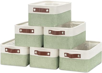 Photo 1 of HNZIGE Collapsible Storage Baskets for Shelves(6pack) Small Fabric Bins with Handles, Linen Baskets Organizer Bins for Organizing Closet Nursery Home Shelves(White&Green, 11.8" x 7.8" x 5.1")