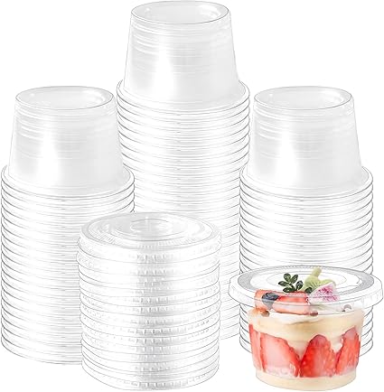 Photo 1 of 100 Pack 8 OZ Disposable Plastic Cups with Flat Lids,Clear Dessert Cups Plastic Containers,Mini Plastic Containers for Drink,Yogurt,Parfaits,Soups,Snacks,Salad,Fruit