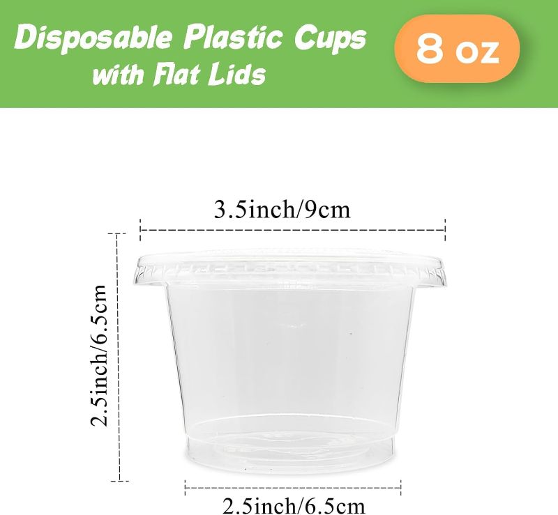 Photo 4 of 100 Pack 8 OZ Disposable Plastic Cups with Flat Lids,Clear Dessert Cups Plastic Containers,Mini Plastic Containers for Drink,Yogurt,Parfaits,Soups,Snacks,Salad,Fruit