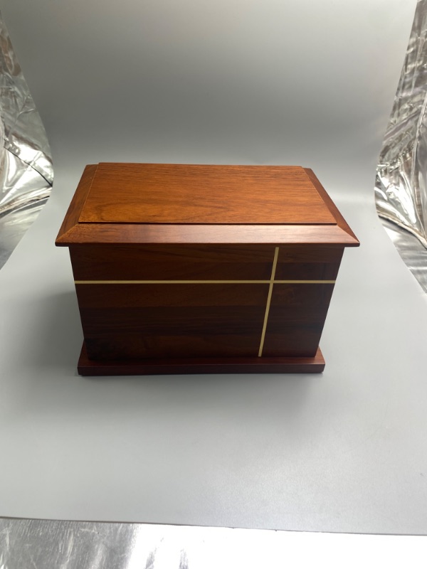 Photo 2 of Cross Urn Walnut Wooden Urn for Cremation Ash Handcrafted Solid Wood Urn Up to 235lbs for Adult Human Ashes Decorative Urns TSA Approved Wooden Urn