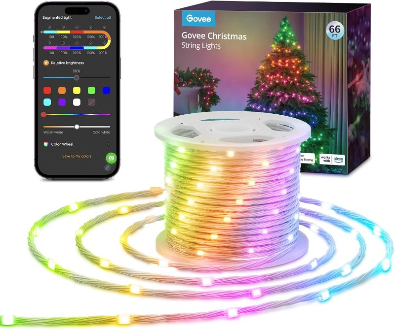 Photo 1 of Govee String Lights 66ft, Smart RGBIC Christmas String Lights App-Controlled, 99+ Preset Scene Modes, IP65 Waterproof, Sync with Music, Works with Alexa, Rope Light for Summer Holiday Party Decor