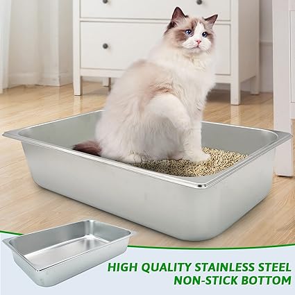 Photo 3 of Fhiny 1PCS Stainless Steel Litter Box for Cat, Large Size with High Sides and Non Slip Rubber Feet Cat Toilet Non Stick Smooth Surface Litter Pan Durable Kitten Supplies 20.8" L x 13" W x 4" H