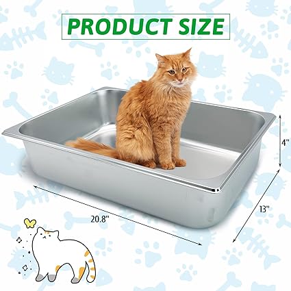 Photo 4 of Fhiny 1PCS Stainless Steel Litter Box for Cat, Large Size with High Sides and Non Slip Rubber Feet Cat Toilet Non Stick Smooth Surface Litter Pan Durable Kitten Supplies 20.8" L x 13" W x 4" H