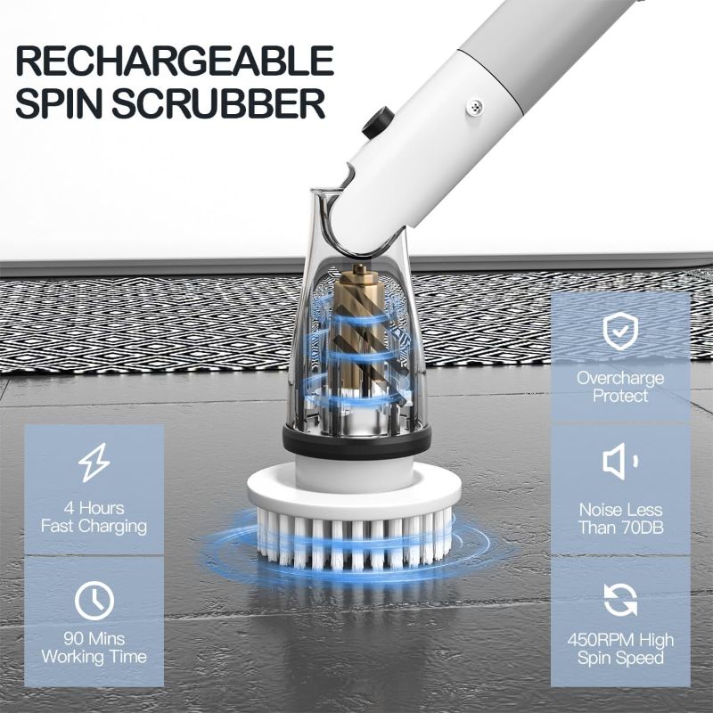 Photo 1 of Electric Spin Scrubber, Cordless Shower Scrubber with 6 Replaceable Brush Heads for Cleaning, Adjustable Cleaning Brush with Extension Handle, Bathroom Scrubber for Bathtub, Tile, Floor