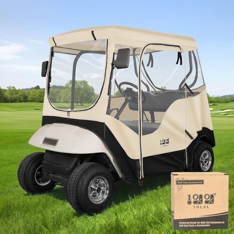 Photo 2 of 10L0L Golf Cart 2 Passenger Enclosure for EZGO TXT & RXV, 4-Sided Clear Window Rain Cover All Weather Waterproof Windproof, Beige