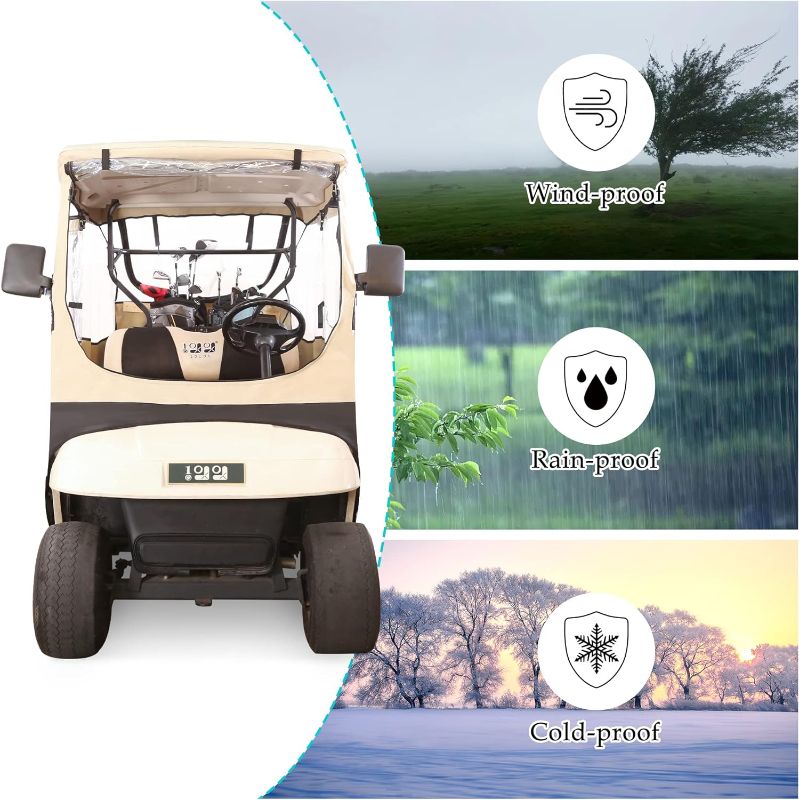 Photo 4 of 10L0L Golf Cart 2 Passenger Enclosure for EZGO TXT & RXV, 4-Sided Clear Window Rain Cover All Weather Waterproof Windproof, Beige