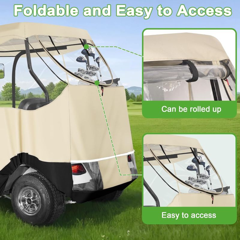 Photo 1 of 10L0L Golf Cart 2 Passenger Enclosure for EZGO TXT & RXV, 4-Sided Clear Window Rain Cover All Weather Waterproof Windproof, Beige