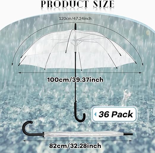 Photo 2 of Fabbay 36 Packs Wedding Clear Umbrella Auto Open Wedding Stick Umbrellas Women Canopy Umbrella J Hook Handle Transparent Umbrellas Windproof Rain Umbrellas Bulk for Outdoor Wedding Bride Groom