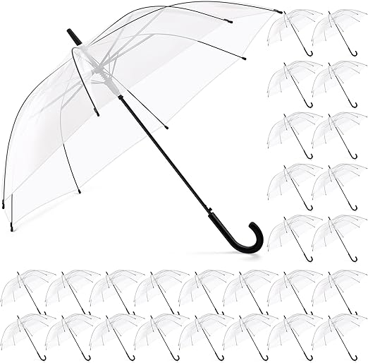 Photo 1 of Fabbay 36 Packs Wedding Clear Umbrella Auto Open Wedding Stick Umbrellas Women Canopy Umbrella J Hook Handle Transparent Umbrellas Windproof Rain Umbrellas Bulk for Outdoor Wedding Bride Groom