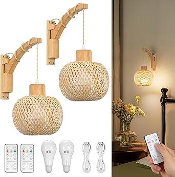 Photo 1 of Battery Operated Wall Sconce, Rechargeable Rattan Wall Sconce Set of 2, Wall Sconces Battery Operated, Wooden Swing Arm Woven Bamboo Lantern Wall Light/Lamp Boho Wall Sconce for Bedroom