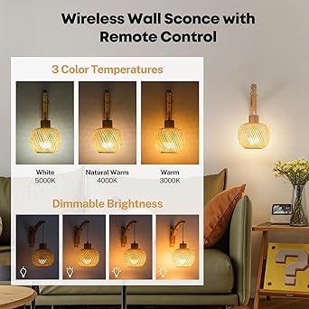 Photo 3 of Battery Operated Wall Sconce, Rechargeable Rattan Wall Sconce Set of 2, Wall Sconces Battery Operated, Wooden Swing Arm Woven Bamboo Lantern Wall Light/Lamp Boho Wall Sconce for Bedroom