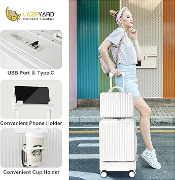 Photo 3 of Aluminum Frame Luggage Carry On Suitcase Sets with Cup Holder and USB Port Luggage Sets 20" Carry-On Airline Approved and 14" Lightweight Bag Portable Make up Bag