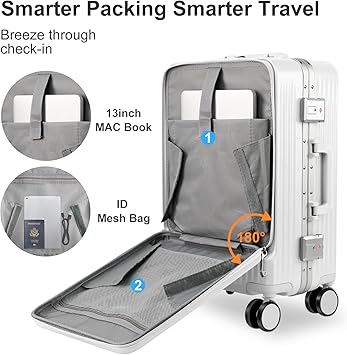 Photo 4 of Aluminum Frame Luggage Carry On Suitcase Sets with Cup Holder and USB Port Luggage Sets 20" Carry-On Airline Approved and 14" Lightweight Bag Portable Make up Bag