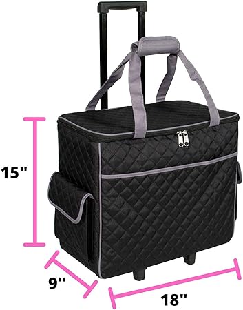 Photo 4 of Everything Mary Sewing Machine Rolling Carrying Case, Black Quilted - Trolley Bag with Wheels for Brother, Bernina, Singer & Most Machines - Wheeled Tote Carrier for Notions & Crafts