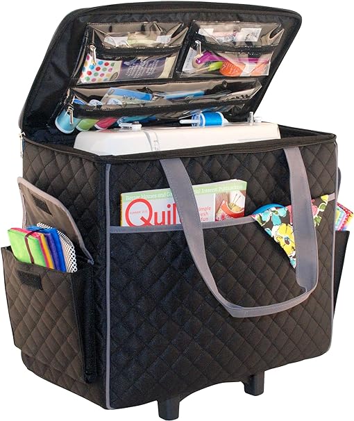 Photo 1 of Everything Mary Sewing Machine Rolling Carrying Case, Black Quilted - Trolley Bag with Wheels for Brother, Bernina, Singer & Most Machines - Wheeled Tote Carrier for Notions & Crafts