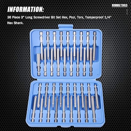 Photo 2 of 36 Piece 3" Long Screwdriver Bit Set Hex, Pozi, Torx, Tamperproof 1/4" Hex Shank