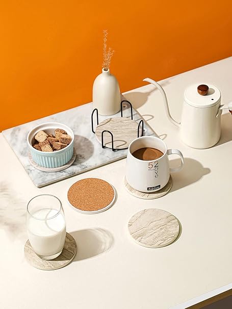 Photo 1 of LIFVER Coasters for Coffee Table, Coasters for Drinks Absorbent, Drink Coasters, Housewarming Gift, Home Decor, Set of 6, Farmhouse Coaster Set with Holder, 4 Inches, Sandstone Style