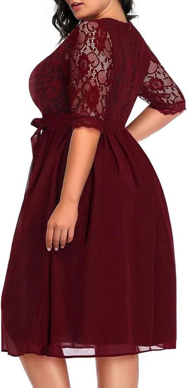 Photo 1 of 18W Pinup Fashion Plus Size Lace Chiffon Wrap V Neck Dresses Women Cocktail Wedding Guest Midi Dress