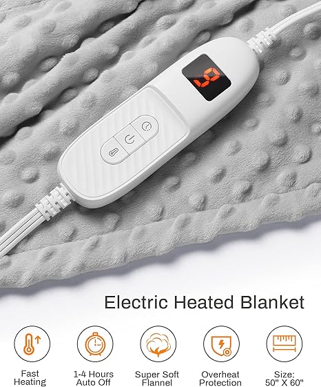 Photo 3 of Electric Heated Throw Blanket 50" x 60" | 10 Levels Fast Heating & Machine Washable | Full Body Warming Soft Fleece Sofa Bed Blankets with Auto-off Overheating Protection 4H Timer | Grey